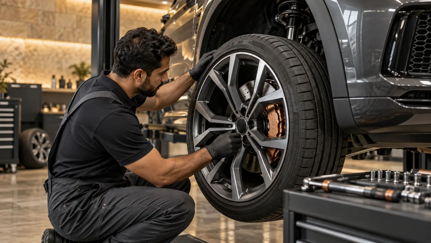 A technician carefully inspecting an SUV wheel and brake assembly