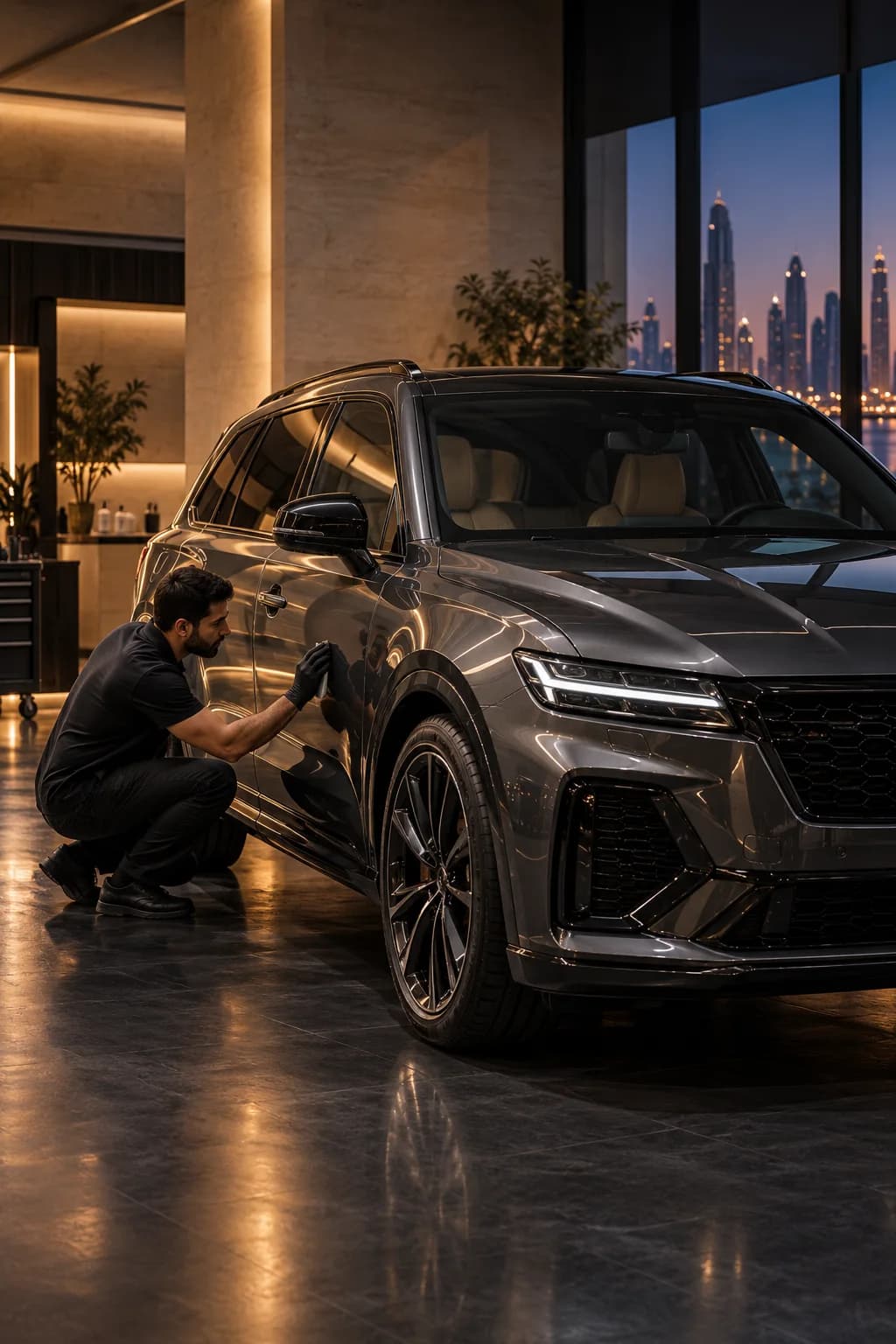 A specialist inspecting a graphite SUV in a considered Dubai workshop